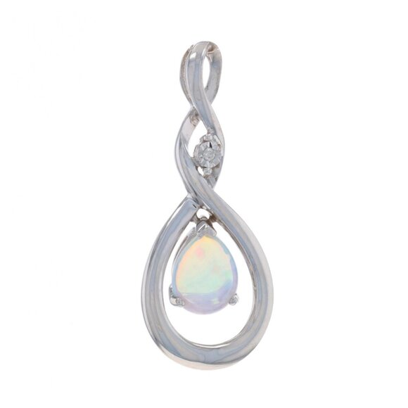 White Gold Lab-Created Opal Diamond Pendant 10k Pear Cab .45ct Teardrop Twist
